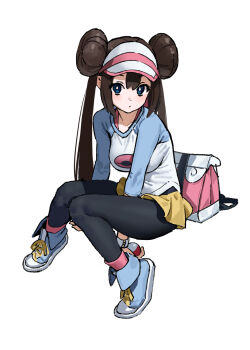 1girl arm_between_legs black_leggings blue_shoes breasts bright_pupils brown_hair donut_hair_bun double_bun hair_bun highres invisible_chair leggings leggings_under_shorts long_hair long_sleeves looking_at_viewer medium_breasts mx2j nintendo pokemon pokemon_bw2 raglan_sleeves rosa_(pokemon) shoes shorts simple_background sitting solo twintails two-tone_shirt very_long_hair visor_cap white_background white_pupils yellow_shorts