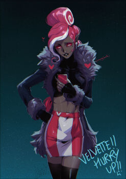 1girl absurdres blackberreh-art colored_sclera crop_top dark-skinned_female dark_skin demon_girl fur-trimmed_jacket fur_trim hair_bun hazbin_hotel hellaverse highres jacket multicolored_hair phone pointy_ears red_hair red_sclera single_hair_bun skirt thighhighs two-tone_hair velvette_(hazbin_hotel) white_hair