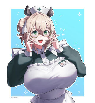 1girl animal_ears apron barcode blonde_hair blue_background blush_stickers border breasts glasses green_eyes hair_ribbon hashtag-only_commentary hat highres indie_virtual_youtuber large_breasts long_sleeves name_tag nimi_nightmare nurse_cap open_mouth ribbon solo tapir_ears tapir_girl twitter_username virtual_youtuber white_apron white_border white_hat white_ribbon yubaest