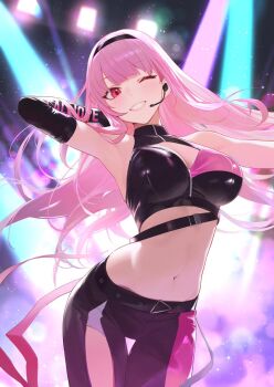 1girl bare_shoulders belt black_hairband breasts character_name detached_sleeves earpiece hairband hololive hololive_english large_breasts looking_at_viewer mori_calliope navel official_alternate_costume one_eye_closed pink_eyes red_eyes serelith smile