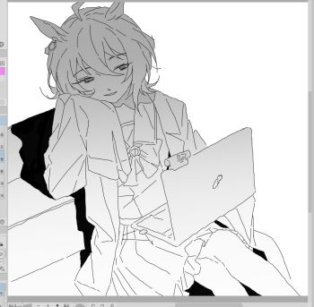 1girl agnes_tachyon_(umamusume) ahoge animal_ears art_program_in_frame bow brown_hair computer dress elbow_rest floppy_sleeves greyscale hair_between_eyes hand_on_own_cheek hand_on_own_face heart_ear_ornament highres horse_ears horse_girl horse_tail lab_coat laptop long_sleeves looking_to_the_side medium_hair monochrome neckerchief open_mouth outdoors painttool_sai pleated_skirt ritoon_0 sailor_collar sailor_dress sailor_shirt school_uniform serafuku shirt sideburns sitting sitting_on_stairs skirt smile solo stairs tail tracen_school_uniform umamusume umamusume:_beginning_of_a_new_era very_long_sleeves webcam white_background