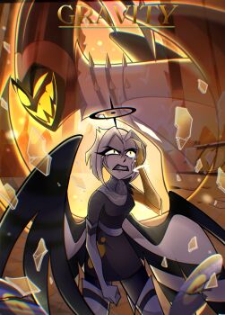 1boy 1girl absurdres adam_(hazbin_hotel) angel black_dress black_wings boots broken_glass chandllucky clenched_hand dress english_text glass gloves glowing glowing_eyes gravity_(hazbin_hotel) grin halo hazbin_hotel hellaverse highres horns lute_(hazbin_hotel) parted_bangs sharp_teeth short_hair smile teeth thigh_boots white_boots white_gloves wings yellow_eyes