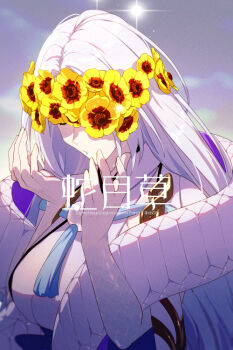 1girl blue_lips blue_skirt breasts closed_eyes commentary_request echo_(circa) fate/grand_order fate_(series) flower_wreath head_wreath large_breasts long_hair mrs._snake_(fate) mrs._snake_(third_ascension)_(fate) parted_bangs sash scales shawl shirt skirt sleeveless sleeveless_shirt tassel translation_request white_hair white_shirt