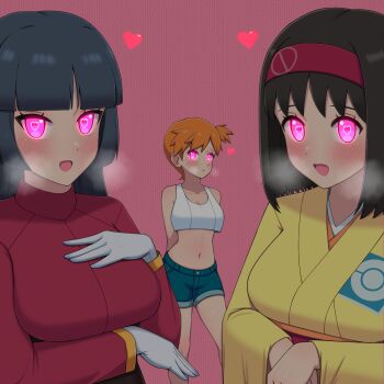 3girls :d :o arms_behind_back asymmetrical_hair black_hair blue_shorts blunt_bangs blush breasts breath brown_hair collarbone crop_top denim denim_shorts erika_(pokemon) eyelashes gloves glowing glowing_eyes hairband hand_on_own_chest hand_up headband heart heart-shaped_pupils highres hime_cut hypnosis jacket japanese_clothes kimono large_breasts long_hair long_sleeves looking_at_viewer medium_hair midriff mind_control misty_(pokemon) multiple_girls navel nintendo one_side_up open_mouth orange_hair pink_eyes poke_ball_print poke_ball_theme pokemon pokemon_frlg pokemon_lgpe ponytail red_hairband red_headband red_jacket robe sabrina_(pokemon) shirt short_hair shorts side_ponytail sidelocks skirt sleeveless sleeveless_shirt smile steam symbol-shaped_pupils tank_top white_gloves white_shirt wide_sleeves x_(zvkm7328) yellow_kimono