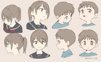 Rule 34 | 1boy, 1girl, aqua shirt, black sailor collar, black serafuku, brown eyes, brown hair, closed mouth, flat color, ganaishoten, grey background, neckerchief, open mouth, original, ponytail, portrait, profile, red neckerchief, reference sheet, sailor collar, school uniform, serafuku, shirt, simple background, smile