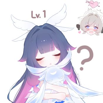 2girls :o ? arrow_through_heart black_hair blue_eyes blush brown_hair closed_eyes columbina_(genshin_impact) commentary_request genshin_impact hair_ornament heart highres implied_yuri long_hair luonnotar_(genshin_impact) multicolored_hair multiple_girls purple_hair sandrone_(genshin_impact) simple_background tansanlemon100 very_long_hair white_background wing_hair_ornament