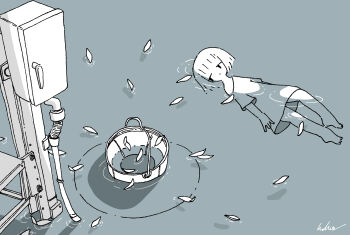 Rule 34 | 1girl, absurdres, afloat, barefoot, bucket, commentary, highres, kaduise, leaf on liquid, looking to the side, lying, monochrome, no pants, on back, original, oversized clothes, oversized shirt, river, shirt, short hair, signature, solo, water