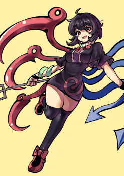 Rule 34 | 1girl, absurdres, ahoge, asymmetrical wings, black dress, black hair, black thighhighs, blue wings, bow, bowtie, breasts, bright pupils, center frills, commentary, dot nose, dress, frills, full body, highres, holding, holding polearm, holding weapon, houjuu nue, looking at viewer, mary janes, medium breasts, open mouth, polearm, red bow, red bowtie, red eyes, red shoes, red wings, shoes, short dress, short hair, short sleeves, simple background, smile, snake, solo, teeth, thighhighs, touhou, trident, upper teeth only, user jnhm8724, weapon, wings, wristband, yellow background