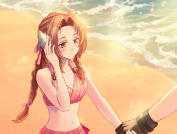 1boy 1girl aerith_gainsborough aerith_gainsborough_(pink_mermaid) bare_arms bare_shoulders beach bikini bikini_skirt blurry bokeh braid braided_ponytail breasts brown_gloves closed_mouth cloud_strife cloud_strife_(maritime_sailor) costa_del_sol couple depth_of_field final_fantasy final_fantasy_vii final_fantasy_vii:_ever_crisis gloves green_eyes hair_ribbon hetero holding_hands holding_seashell light_blush medium_breasts midriff navel ocean official_alternate_costume parted_bangs pink_bikini pink_ribbon pink_skirt ribbon sidelocks single_braid skirt smile swimsuit upper_body waves yahokichi_ma
