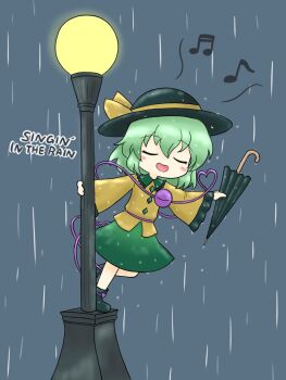 1girl black_hat black_shoes black_umbrella closed_eyes closed_umbrella commentary_request copyright_name green_hair green_skirt hat komeiji_koishi lamppost long_sleeves musical_note open_mouth rain shirt shitacemayo shoes short_hair singin'_in_the_rain skirt solo song_name touhou umbrella wide_sleeves yellow_shirt