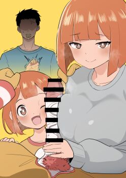 2boys 2girls alternate_breast_size anger_vein angry bar_censor black_hair blunt_bangs blunt_ends bob_cut breast_press breasts bright_pupils censored cheating_(relationship) cheek_press clothed_sex clown clown_boy colored_skin commentary daughter_(yoru_mac) father_(yoru_mac) food french_fries husband_and_wife large_breasts large_penis loli mature_female mcdonald&#039;s mcdonald&#039;s_dad mother_(yoru_mac) mother_and_daughter multiple_boys multiple_girls netorare orange_hair oyakodon_(sex) penis penis_on_face penis_to_breast pov red_pubic_hair ronald_mcdonald short_hair simple_background steaming_body symbol-only_commentary watching white_pupils white_skin yaminokuroko yellow_background yoru_mac