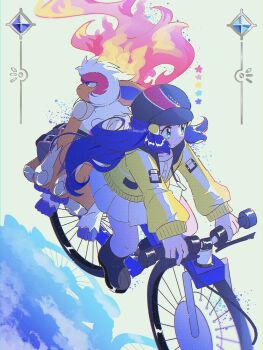 1girl 1other bicycle black_footwear blue_eyes blue_hair boots cloud color_guide dawn_(pokemon) dress fiery_hair fukkatsu_no_maya gen_4_pokemon hair_ornament hairclip hat highres infernape jacket long_hair monkey multiple_riders nintendo open_clothes open_jacket pokemon pokemon_(creature) pokemon_bdsp reflection reflective_surface riding riding_bicycle white_dress yellow_jacket