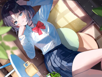1girl arms_up aroa black_choker black_hair black_skirt blue_eyes blurry blush choker closed_mouth cup cushion depth_of_field highres indoors leaf long_sleeves looking_at_viewer lying on_side original parted_bangs pleated_skirt school_uniform shirt sidelocks skirt smile solo table thighs third-party_source white_shirt