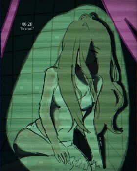 1girl alien_stage aqlenn birthday black_hair bra burn_scar commentary dated english_commentary english_text highres holding holding_paper mizi_(alien_stage) paper paper_doll paper_doll_chain pink_hair scar scar_on_arm scar_on_leg scar_on_stomach signature sitting solo spotlight underwear white_bra