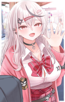 1girl absurdres belt black_belt black_choker black_hair blush breasts cardigan choker cleavage collared_shirt commentary_request grey_hair hair_ornament hairpin highres hololive large_breasts long_hair looking_at_viewer multicolored_hair nail_polish o-ring o-ring_choker official_alternate_costume official_alternate_hairstyle open_mouth pink_cardigan red_eyes red_nails red_skirt ruo1001 sakamata_chloe sakamata_chloe_(gyarumata) shirt skirt smile solo streaked_hair virtual_youtuber white_shirt x_hair_ornament