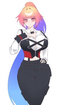 1girl absurdres black_gloves black_pants blonde_hair blue_hair blush closed_mouth collared_shirt fingerless_gloves gloves gradient_hair hand_on_own_chest hand_on_own_hip hashtag-only_commentary highres ilsae indie_virtual_youtuber leeopia_(vtuber) long_hair multicolored_hair navel orange_hair pants pink_eyes pink_hair shirt solo symbol_in_eye very_long_hair virtual_youtuber white_background white_shirt