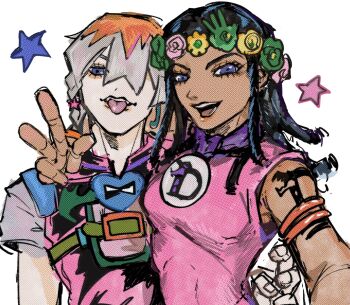 1girl arm_around_shoulder arm_tattoo armlet belt black_hair blue_eyes braid breasts brother_and_sister dark-skinned_female dark_skin dragona_joestar dreadlocks flower flower_wreath green_belt green_flower grey_hair grey_shirt hair_ornament hair_over_one_eye head_wreath heart_ornament highres jewelry jodio_joestar jojo_no_kimyou_na_bouken long_bangs long_hair looking_at_viewer male_focus medium_hair multicolored_hair naru_tomaki open_mouth orange_hair orange_lips overalls pink_overalls shirt short_sleeves siblings side_braid small_breasts smile star_(symbol) star_hair_ornament tattoo teeth the_jojolands tongue tongue_out two-tone_hair upper_body w white_background yellow_flower