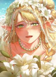 Rule 34 | 1girl, alternate costume, blonde hair, blush, breasts, bridal veil, chagok yun, cleavage, collarbone, dress, dungeon meshi, elf, female pov, green eyes, hair ornament, highres, jewelry, lace, lace-trimmed dress, lace-trimmed veil, lace collar, lace trim, long hair, looking at viewer, marcille donato, open mouth, pointy ears, pov, simple background, smile, standing, veil, wedding dress