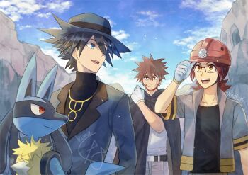Rule 34 | 3boys, artist name, beard, black cape, black hair, black shirt, blue eyes, blue hat, blue jacket, brown eyes, brown hair, byron (pokemon), cape, closed mouth, facial hair, father and son, gen 4 pokemon, glasses, gloves, hard hat, hat, helmet, jacket, kuna fgo, looking at another, lucario, male focus, multiple boys, nintendo, open mouth, pokemon, pokemon dppt, red hair, riley (pokemon), roark (pokemon), shirt, smile, upper body, white gloves, white shirt