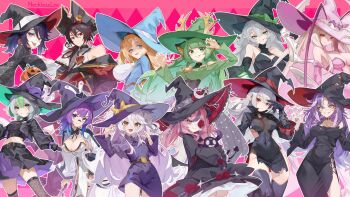 1boy 6+girls animal_ears antenna_hair antlers apricot_the_lich aqua_eyes arthropod_girl bandaid bandaid_on_face bandaid_on_nose black_hair black_hat black_jacket black_shirt black_skirt black_sleeves black_thighhighs blonde_hair blue_dress blue_eyes blue_hair breasts bubi_(ironmouse) cleavage cleavage_cutout clothing_cutout cockroach_girl cropped_jacket curly_hair deer_ears deer_girl demon_girl demon_horns demon_tail detached_sleeves dress flower_in_eye general_geega green_dress green_hair grey_hair haruka_karibu hat henya_the_genius heterochromia highres hime_hajime horns ironmouse ironmouse_(witch) jacket kson kuro_kurenai kuro_kurenai_(2nd_costume) large_breasts long_hair looking_at_viewer matara_kan medium_breasts melody_(projektmelody) michi_mochievee monster_girl multicolored_hair multiple_girls necklesslee official_alternate_costume official_art pink_dress pink_hair pirate_hat pointy_ears power_symbol_hair_ornament purple_dress purple_eyes purple_hair red_eyes reindeer_antlers reindeer_girl shirt skirt sleeveless sleeveless_dress small_breasts smile souchou streaked_hair symbol_in_eye tail thighhighs tongue tongue_out very_long_hair virtual_youtuber vshojo white_dress witch witch_hat yellow_eyes zentreya zentreya_(witch)