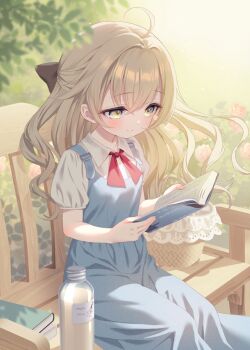 1girl ahoge basket blonde_hair blue_dress book bottle brown_ribbon chair child chitosezaka_suzu closed_mouth collared_shirt commentary dress flower hair_ribbon half_updo highres holding holding_book leaf long_hair milk_tea neck_ribbon original outdoors pinafore_dress pink_flower pink_rose puffy_short_sleeves puffy_sleeves reading red_ribbon ribbon rose shirt short_sleeves sidelighting sitting sleeveless sleeveless_dress smile solo sunlight symbol-only_commentary tree white_shirt wooden_chair yellow_eyes