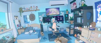 1girl absurdly_detailed_composition absurdres air_conditioner alarm_clock animal_ear_headphones animal_ears ball baseball_(object) baseball_cap baseball_glove bed bedroom bloop_(gawr_gura) blue_eyes blue_hair blue_hoodie bowl bubba_(watson_amelia) cactus calendar_(object) cat cat_ear_headphones cat_ears chair character_doll clock coffee coffee_mug computer computer_mouse cowboy_hat cup curtains death-sensei_(mori_calliope) desk desk_lamp doll drawer ebi-chan_(gawr_gura) fake_animal_ears feet figure fins fish_tail fish_tank fishbowl gawr_gura grey_hair hat hatsune_miku headphones highres hololive hololive_english hood hoodie houshou_marine indoors instrument inugami_korone knees_up kotori_(takanashi_kiara) lamp loaded_interior lucasyecla99 minato_aqua monitor mori_calliope mug multicolored_hair natsufuku_miku ninomae_ina&#039;nis on_chair one_eye_closed open_drawer panties pillow plant polearm poster_(object) potted_plant reflect_(gawr_gura) sandals shark_girl shark_tail shelf shoes shrimp sitting solo stuffed_animal stuffed_shark stuffed_toy tail takanashi_kiara takodachi_(ninomae_ina&#039;nis) trash_can trident underwear usada_pekora virtual_youtuber vocaloid watson_amelia weapon window