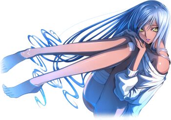 1girl artist_request bandaged_leg bandages bare_shoulders barefoot bottomless code_geass code_geass:_lost_stories dark-skinned_female dark_skin dutch_angle feet female_focus game_cg grey_hair hands_on_own_knees hands_up head_tilt highres knees_together_feet_apart knees_up leaning_forward legs lipstick long_hair long_sleeves looking_at_viewer makeup non-web_source off_shoulder official_art oversized_clothes own_hands_together parted_lips purple_lips shallow_water sidelocks simple_background sitting solo sweater teeth toes transparent_background villetta_nu water white_sweater yellow_eyes