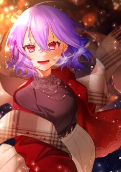 1girl absurdres alternate_costume bat_wings belt black_belt black_sweater blush breath commentary_request earrings highres jacket jewelry kodouirasto necklace open_clothes open_jacket open_mouth purple_hair red_eyes red_jacket remilia_scarlet scarf skirt smile solo sweater touhou white_skirt wings