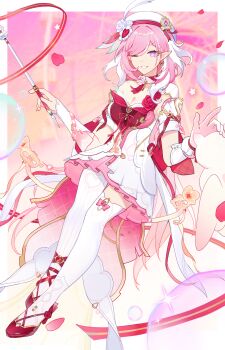 Rule 34 | 1girl, ;), absurdres, beret, border, breasts, cleavage, diamond-shaped pupils, diamond (shape), dress, elf, elysia (hi love elf) (honkai impact), elysia (honkai impact), gloves, hat, high heels, highres, holding, holding wand, honkai (series), honkai impact 3rd, large breasts, long hair, missing commentary, multicolored dress, multicolored hair, one eye closed, pantyhose, pink background, pink gloves, pink hair, pointy ears, purple eyes, red dress, revision, single glove, single leg pantyhose, single thighhigh, smile, solo, symbol-shaped pupils, thighhighs, two-tone dress, two-tone hair, very long hair, wand, white border, white dress, white hair, white pantyhose, white thighhighs, zona