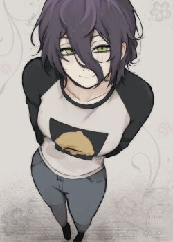 Rule 34 | 1girl, arms behind back, artist name, bell print, black shoes, black sleeves, blush, breasts, chainsaw man, collarbone, double-parted bangs, from above, full body, green eyes, hair between eyes, hashtag-only commentary, highres, ivanbolvann, light smile, long sleeves, looking up, medium hair, messy hair, purple hair, reze (chainsaw man), shirt, shoes, skinny jeans, small breasts, solo, two-tone shirt, white shirt