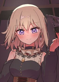 Rule 34 | 1girl, absurdres, bang dream!, bang dream! it's mygo!!!!!, blonde hair, blush, brooch, brown corset, closed mouth, clothing cutout, commentary, corset, doloris (bang dream!), earrings, highres, jewelry, jin (jinkwon1147), long sleeves, looking at viewer, mask, masquerade mask, medium hair, misumi uika, purple eyes, shoulder cutout, solo, upper body