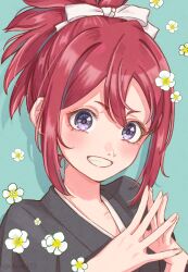 Rule 34 | 1girl, abarai ichika, absurdres, black kimono, bleach, bleach: epilogue, blush, close-up, commentary request, double-parted bangs, flower, green background, grin, hair between eyes, hair ribbon, hands up, happy, highres, japanese clothes, kimono, looking at viewer, medium hair, ponytail, purple eyes, red hair, ribbon, rinner373, short eyebrows, simple background, smile, solo, steepled fingers, twitter username, white flower, white ribbon