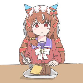1girl animal_ears blush bread breasts cardigan closed_mouth collarbone commentary_request food fork hair_between_eyes hair_ornament highres horse_girl itota_(taikoubou) plate portrait red_eyes school_uniform simple_background small_breasts smile still_in_love_(umamusume) table tracen_school_uniform umamusume veil white_background