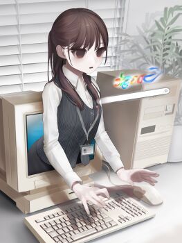 1girl absurdres black_skirt black_vest brown_eyes brown_hair collared_shirt computer computer_keyboard computer_mouse computer_tower crt desk empty_eyes google highres id_card indoors lanyard long_hair long_sleeves monitor open_mouth original plant potted_plant search_bar shirt skirt solo table test_norma1 through_medium through_screen vest white_shirt window_blinds
