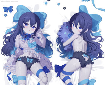 1girl artist_request ass black_hair black_panties blue_eyes blue_ribbon bow bow_panties breasts butt_crack cameltoe clothes_lift dakimakura_(medium) doll_joints dress dress_lift frilled_panties frills gluteal_fold hair_bow highres hugging_object joints leg_ribbon lifting_own_clothes little_witch_nobeta loli long_hair looking_at_viewer looking_back lying multiple_views navel official_art on_back on_stomach open_mouth pale_skin panties pillow pillow_hug ribbon sleeves_past_wrists small_breasts smile stomach tania_(little_witch_nobeta) thigh_ribbon thighs topless_female underwear white_dress