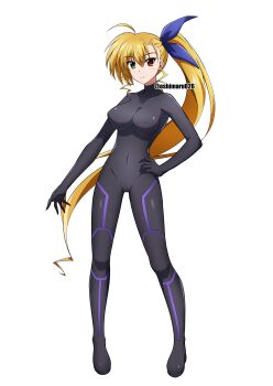 1girl absurdres black_bodysuit blonde_hair blush bodysuit breasts cameltoe closed_mouth covered_navel full_body hair_ribbon hand_on_own_hip heterochromia highres large_breasts long_hair looking_at_viewer lyrical_nanoha mahou_shoujo_lyrical_nanoha_strikers oshimaru026 ponytail ribbon skin_tight smile solo vivio