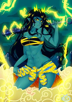 1girl abs absurdres animal_print black_hair borrowed_character club club_(weapon) colored_sclera colored_skin cowboy_shot cryptid_crab dynja_(akairiot) green_eyes green_skin hand_up highres horns kanabou lightning long_hair looking_at_viewer navel original pointy_ears solo spiked_club strapless tiger_print tiger_skin tube_top very_long_hair weapon yellow_horns yellow_sclera