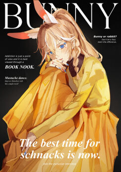 1girl animal_ears blonde_hair blue_eyes braid character_request commentary copyright_request cover dress english_commentary english_text facial_mark fake_magazine_cover feet_out_of_frame hand_on_own_knee highres jewelry littlemisstina_(artist) long_hair looking_at_viewer magazine_cover multicolored_nails open_mouth rabbit_ears rabbit_girl ring single_braid sitting smile solo star_(symbol) star_facial_mark yellow_dress