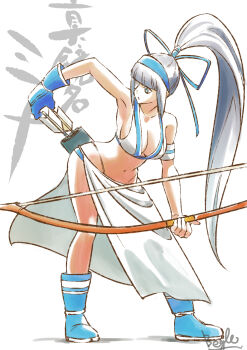 1girl absurdres arrow_(projectile) artist_name beagle47400590 bikini bow breasts cleavage feet hair_ribbon highres large_breasts leaning_forward legs long_hair majikina_mina navel ponytail ribbon samurai_spirits sarong simple_background snk swimsuit tagme thighs thong_bikini whale_tail_(clothing) white_background white_bikini white_hair
