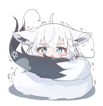 1girl absurdres ahoge animal_ear_fluff animal_ear_piercing animal_ears blue_eyes braid breath commentary_request fox_ears fox_girl fox_tail highres hololive large_tail light_blush looking_at_viewer open_mouth prehensile_tail shirakami_fubuki simple_background solo tail tensann3 trembling virtual_youtuber white_background white_hair