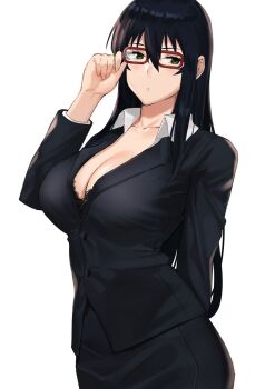 1girl alternate_costume arm_behind_back black_bra black_hair black_jacket black_skirt bra breasts cleavage collared_shirt unworn_eyewear formal_clothes frills green_eyes hair_between_eyes highres holding holding_removed_eyewear j@ck jacket kagari_ayaka large_breasts long_hair looking_to_the_side office_lady red-framed_eyewear shirt sidelocks skirt skirt_suit suit underwear white_background white_shirt witch_craft_works