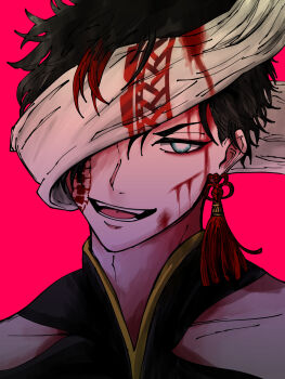 1boy bare_shoulders black_hair bleeding blindfold blood blood_on_face blue_eyes centipede_tattoo cheek_tattoo chinese_clothes cuts earrings facial_tattoo gold_trim high_collar highres injury jewelry looking_at_viewer male_focus multicolored_hair one_eye_covered open_mouth qin_shi_huang_(shuumatsu_no_valkyrie) red_earrings red_hair red_tassel short_hair shuumatsu_no_valkyrie single_earring smile solo streaked_hair tagme tassel tassel_earrings tattoo teeth two-tone_hair upper_body