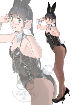 1girl absurdres animal_ear_hairband animal_ears ass black_hair black_leotard black_shoes breasts brown_pantyhose detached_collar fake_animal_ears glasses green_eyes hairband high_heels highres kantai_collection leotard long_hair looking_at_viewer multiple_views ojipon ooyodo_(kancolle) pantyhose playboy_bunny rabbit_ears rabbit_tail shoes simple_background small_breasts strapless strapless_leotard tail watermark white_background wrist_cuffs zoom_layer