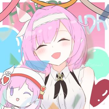 1girl balloon border breasts character_doll commentary_request decorations doll elf elysia_(hi_love_elf)_(honkai_impact) elysia_(honkai_impact) hairband happy_birthday heart_balloon highres honkai_(series) honkai_impact_3rd long_hair medium_breasts pink_background pink_hair pointy_ears shirt smile solo upper_body very_long_hair white_border white_hairband white_shirt z_nsyooo3