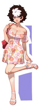 Rule 34 | 1girl, absurdres, bag, bare shoulders, breasts, brown eyes, brown hair, censored, censored feet, cleavage, commentary, dress, earrings, english commentary, feet, floral print, floral print dress, full body, hair between eyes, hand up, high heels, highres, jewelry, l4wless, large breasts, looking at viewer, multicolored hair, nail polish, off shoulder, original, parted lips, print dress, sandals, short dress, shoulder bag, solo, standing, standing on one leg, strappy heels, toenail polish, toenails, toes, two-tone hair, white background, white dress, white hair, white nails, white sandals