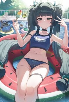 1girl alternate_costume android armpits avocaboo_(zenless_zone_zero) bangboo_(zenless_zone_zero) bare_shoulders beach_chair bikini black_armlet black_choker blue_bikini blunt_bangs blush braid braided_sidelock choker closed_mouth collarbone cowboy_shot expressionless feet_out_of_frame fingernails food green_eyes green_hair hair_bobbles hair_ornament hand_ups hashtag-only_commentary highres holding holding_food holding_ice_cream holding_popsicle ice_cream innertube loli long_hair looking_at_viewer name_tag navel on_innertube outdoors pool pool_ladder poolside popsicle qingyi_(zenless_zone_zero) securityboo_(zenless_zone_zero) sharkboo_(zenless_zone_zero) sidelocks solo sphere_hair_ornament stomach sunlight swim_ring swimsuit thigh_strap thighs twintails unnunal_(unneonal) v very_long_hair water watermelon_innertube wet zenless_zone_zero