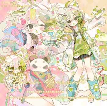 Rule 34 | 1girl, ahoge, animal ears, blue leg warmers, blush, brown skirt, chibi, chibi inset, commission, dot nose, green eyes, green hair, green shirt, hair between eyes, hair ornament, hairpin, heart, highres, hood, hood down, jacket, leg warmers, long sleeves, looking at viewer, mihuashi commission, mole, mole under eye, multiple views, ofuda, ofuda on head, one eye covered, open mouth, original, panda, pleated skirt, shirt, sidelocks, skirt, sleeves past fingers, sleeves past wrists, twuos, watermark