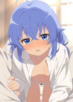 1girl ahoge blue_eyes blue_hair blurry blurry_background blush breasts collared_shirt crossed_bangs dress_shirt hair_between_eyes highres indoors loli long_hair long_sleeves looking_at_viewer mushoku_tensei natsu12113 navel no_bra open_clothes open_mouth open_shirt panties pov roxy_migurdia shirt small_breasts small_sweatdrop solo_focus underwear white_panties white_shirt