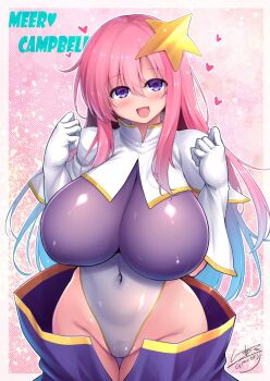 Rule 34 | 1girl, blue eyes, blush, breasts, c.r., character name, commentary request, covered erect nipples, covered navel, gloves, gundam, gundam seed, gundam seed destiny, hair ornament, heart, highleg, highleg leotard, huge breasts, impossible clothes, impossible leotard, leotard, long hair, looking at viewer, meer campbell, multicolored leotard, open mouth, pink hair, purple leotard, signature, skirt, smile, solo, star (symbol), star hair ornament, thong leotard, white gloves, white leotard