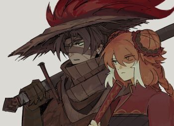 1boy 1girl black_dress brown_gloves brown_hair brown_scarf closed_mouth dark-skinned_male dark_skin double_bun dress family_hierarch_candidate_(identity)_(project_moon) folded_fan folding_fan gloves green_eyes hair_bun hand_fan hand_up heathcliff_(project_moon) heishou_pack-you_branch_(identity)_(project_moon) highres holding holding_fan holding_sword holding_weapon ishmael_(project_moon) limbus_company multicolored_hair open_mouth project_moon rearrylin red_shrug scarf shrug_(clothing) streaked_hair sword weapon white_hair